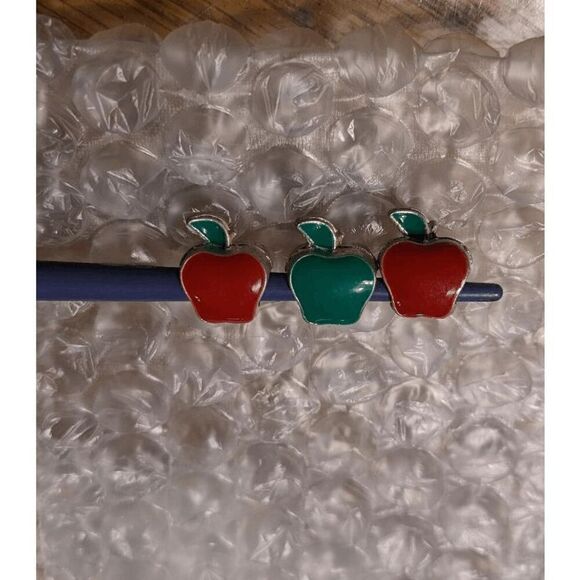 Set of 3 Red & Green enamel Apple silver bracelet charms - Picture 1 of 4